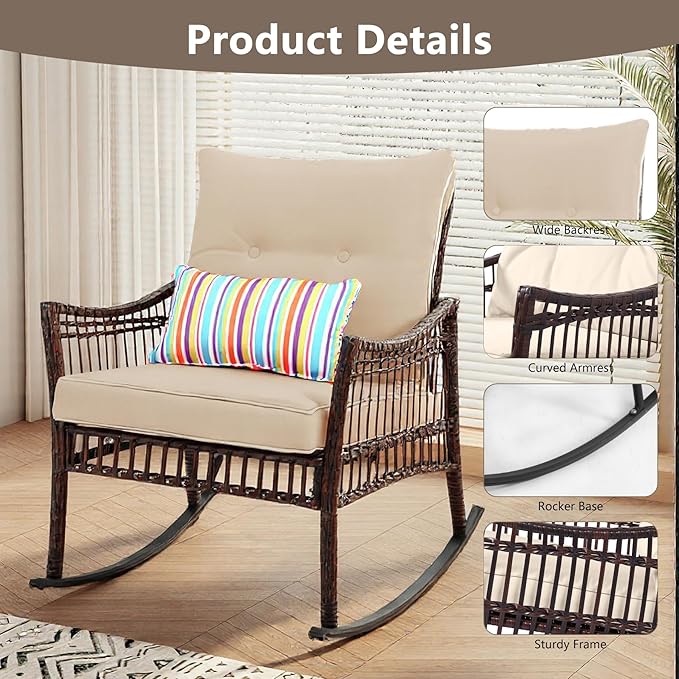 3 Pieces Patio Furniture Set, Outdoor Rocking Chairs Set of 2, Wicker Cushioned Patio Rocker with Side Table for Porch, Garden, Poolside & Deck, Beige