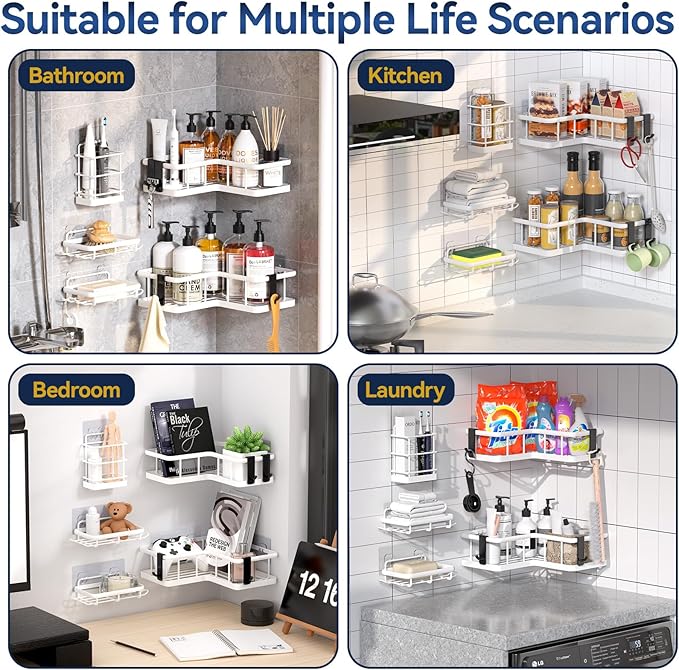 YASONIC Corner Shower Caddy Organizer, 5-Pack Self-Adhesive Rustproof Bath Shelves with Soap Holder & 4 Hooks, Large Capacity Shower Storage Rack for Bathroom Organization, White