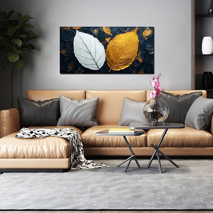 CANEITO Leaves Wall Art for Living Room, Black White and Gold Wall-Decor for Bedroom, Waterproof Canvas Print, Size 40x20 Inches