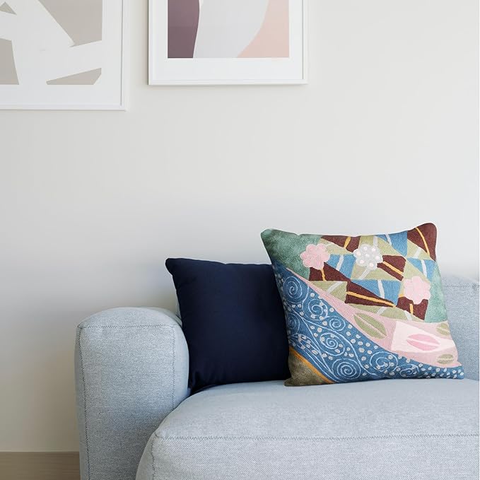 Klimt Blue Modern Pillow Cover - Seed Art Nouveau Pillowcase Modern Farmhouse Chair Cushion Boho Outdoor Pillowsham Mid Century Couch Cushion Handmade Wool 18x18 Inch