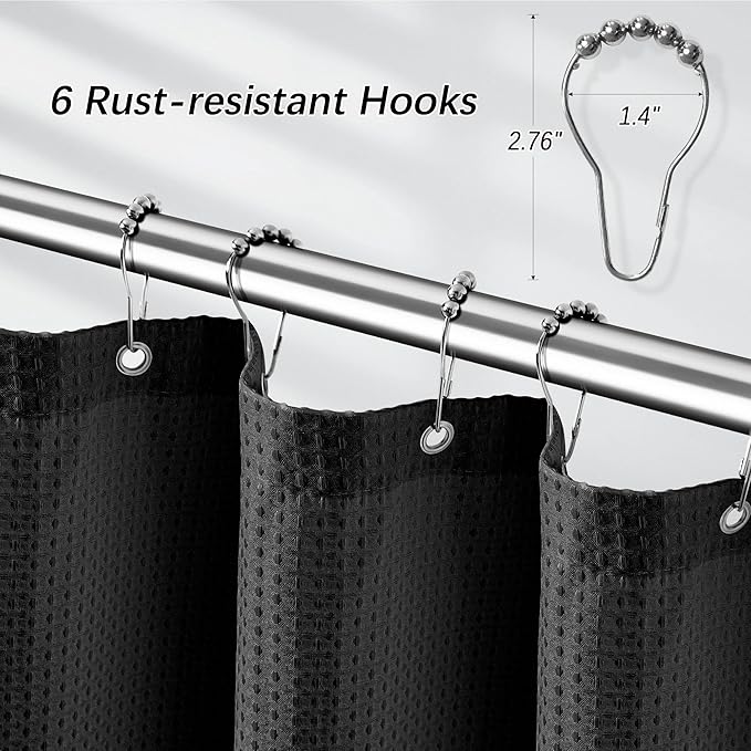 Black Stall Fabric Shower Curtain - Water Repellent Waffle Textured 256GSM Heavy Duty Cloth Shower Curtains for Bath Tubs, Narrow Size Hotel Quality with 6 Hooks, 36Wx72H