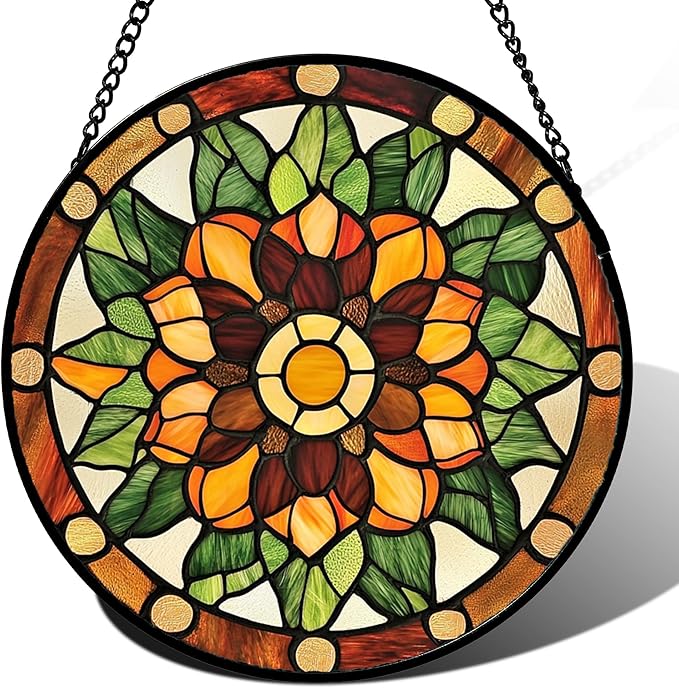 Stained Glass Window Hanging - Yellow Green Boho Style Flowers Sun Catcher for Door Garden Home Decor Suncatcher Christmas Mother's Day Birthday Gifts for Women Mom Girl Nana Friend 11.8 in