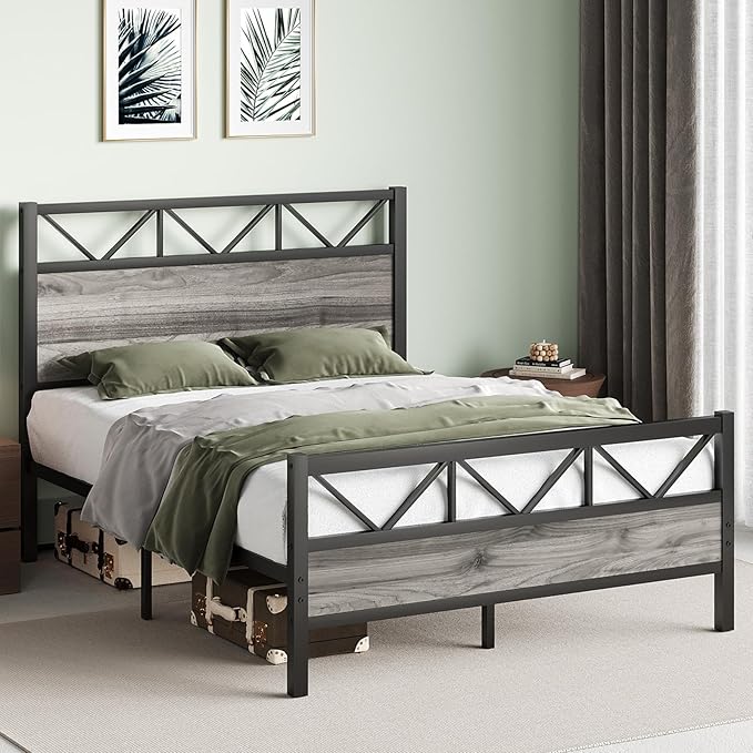 Bed Frame Queen Size, Queen Bed Frames with 51.2" Tall Industrial Headboard, Queen Platform Bed Frame with Strong Steel Slats Support, Noise Free, No Box Spring Needed, Easy Assembly, Rustic Brown
