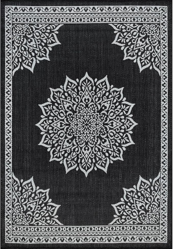 CAMILSON Indoor Outdoor Rug, 10x14 Medallion Black White Modern Area Rugs for Large Indoor and Outdoor Patios, Kitchen and Hallway Mats, Washable Porch Deck Outside Carpet (Medallion Black, 10 x 14)