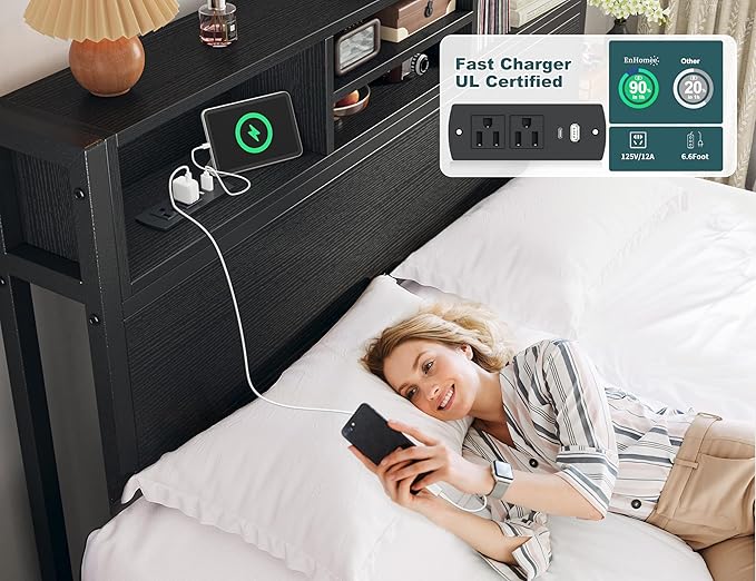 EnHomee Full Size Bed Frame with 6 Storage Drawers Full Bed Frame with Headboard, Storage Bed with Charging Station, No Noise,No Box Springs Needed,Black