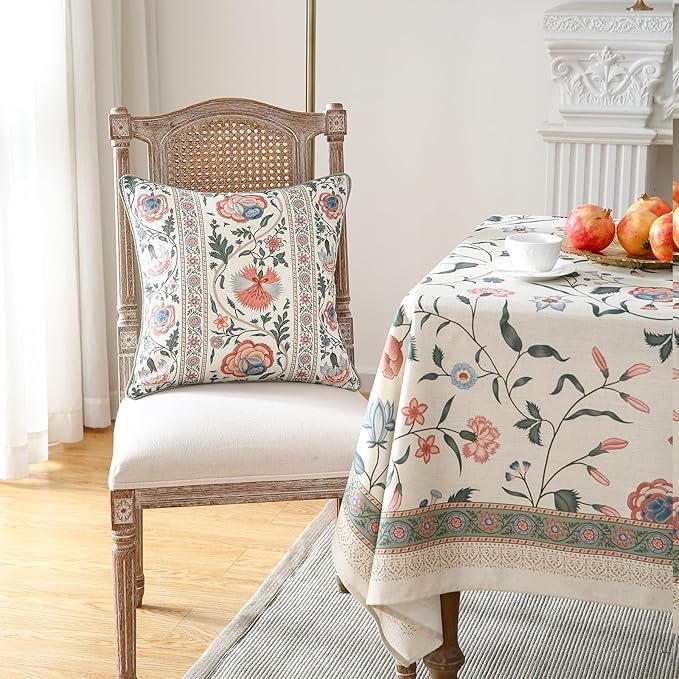 Design Square Retro Elegance Linen Throw Pillow Covers 18"x18" Pack of 2, Green Pink Floral Pattern Cushion Covers Decor Pillowcases for Bed,Living Room,Outdoor,Car