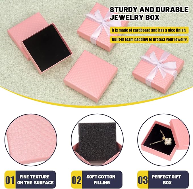 Glarks 12pcs Pink 9 x 9 x 3CM Jewelry Gift Boxes with Pink Scissors and 1.5 x 225CM White Polyester Ribbon Set, Diamond Pattern Necklace Earring Bracelet Boxes Gift Case Ideal