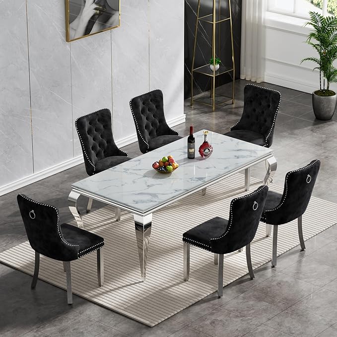 Goujxcy 70" Marble Dining Table Set for 6, Modern 7 Piece Dining Room Table Set with White Faux Marble Dining Table & 6 Black Velvet Upholstered Chairs, Luxury Silver Kitchen Table Chairs Set of 6