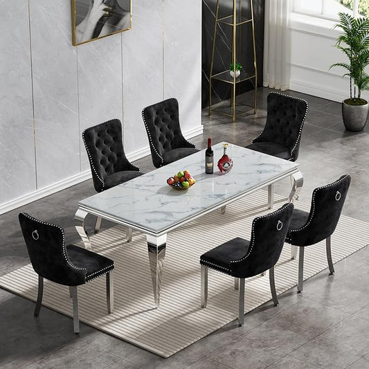 Goujxcy 70" Marble Dining Table Set for 6, Modern 7 Piece Dining Room Table Set with White Faux Marble Dining Table & 6 Black Velvet Upholstered Chairs, Luxury Silver Kitchen Table Chairs Set of 6