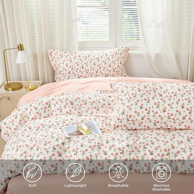 SAPHREAS Pink Bellflower Duvet Cover Set Full Size 3pcs Garden Style Blossom Floral Bedding Comforter Cover Set 100% Cotton 1 Duvet Cover 90"x80" 2 Pillow Shams, Comforter Not Included