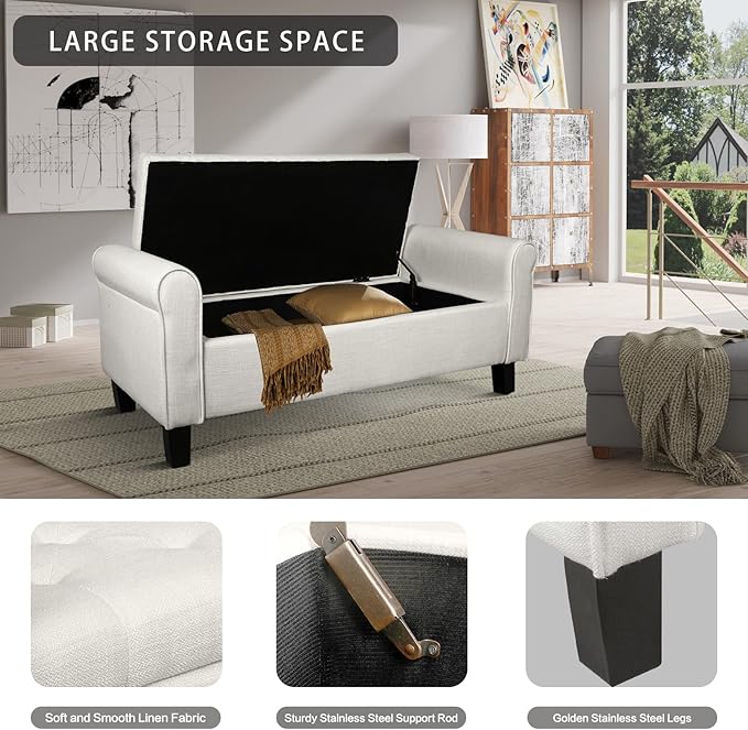 Storage Ottoman Bench with Arms, End of Bed Bench for Bedroom, Button Tufted Storage Bench for Entryway, Living Room,Hallway, Large Storage Bench Foot Rest (Beige)