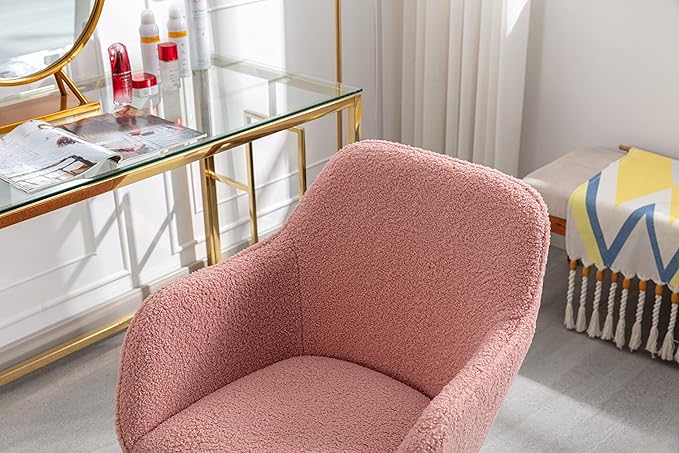 Goujxcy Fluffy Desk Chair, Faux Fur Vanity Chair Swivel Office Chair for Girls Women, Height Adjustable Cute Teddy Furry Makeup Chairs for Bedroom Home Office