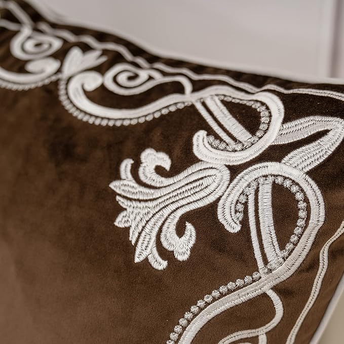 Aeckself European Floral Pillow Cover 20x20 Inch, Luxury Velvet Embroidered Decorative Throw Pillow Cover for Couch Bedroom Living Room, Brown and White