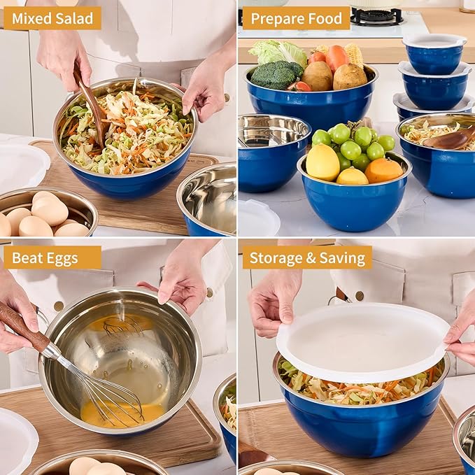 Blue Mixing Bowls with Airtight Lids, Stainless Steel Nesting Mixing Bowls Set of 7, Ideal for Baking, Prepping and Serving Food, Size 7, 3.6, 2.7, 2.1, 1.5, 1.1,0.8 QT, Stackable Design