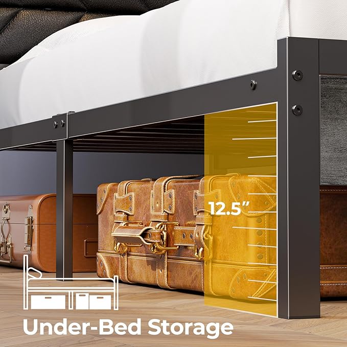 Seventable Bed Frame Full Size with Charging Station, LED Bed with Upholstered Storage Headboard, Metal Platform Bed with Under Bed Storage, No Box Spring Needed, Noise Free, Easy Assembly, Black