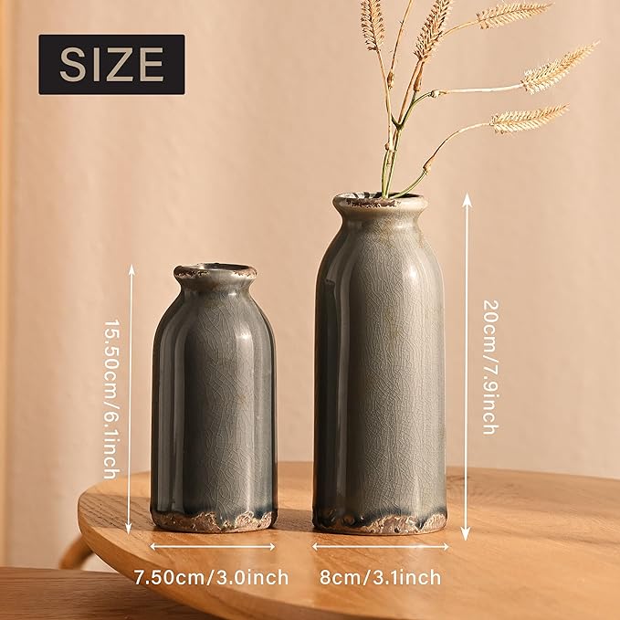 VICTOR & TERESA Blue and Grey Ceramic Vase Home Decor, Farmhouse Vases for Flowers, Flower Vase Set of 2, Rustic Decorative Vases for Pampas Grass, Table, Living Room, Shelf, Centerpieces, 8 inch