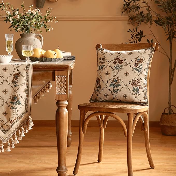 patdrea Designer Throw Pillow Covers Set of 2,Square Euro Retro Style Light Brown Linen with Floral Pattern Pillow Cover,Decorative Pillowcases Cushion for Bed Living Room Outdoor Car,18"x18"