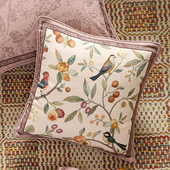 Throw Pillow Covers Pack of 4,Pink Farmhouse with Birds and Flowers Pattern Cozy Velvet Pillowcases,Decoration Square Round Lumbar Pillows Cushion Covers for Couch Sofa Bed Car Chair