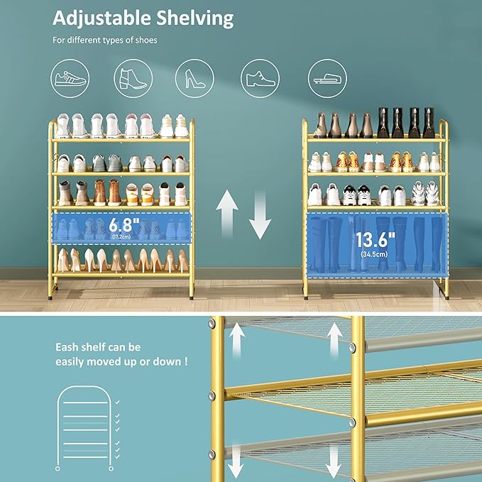 SUFAUY 33" Wide Shoe Rack, 5-Tier Shoe Storage Rack for 24-30 Pairs of Shoes, Mesh Shoe Organizer for Entryway Closet, Steel Frame, Industrial, Gold