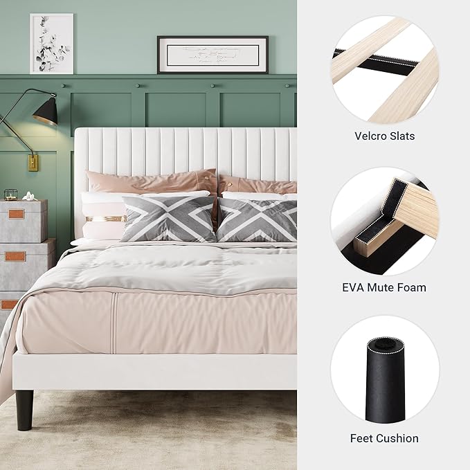 Allewie Full Bed Frame, Velvet Upholstered Platform Bed with Adjustable Vertical Channel Tufted Headboard, Mattress Foundation with Strong Wooden Slats, Box Spring Optional, Easy Assembly, Off-White