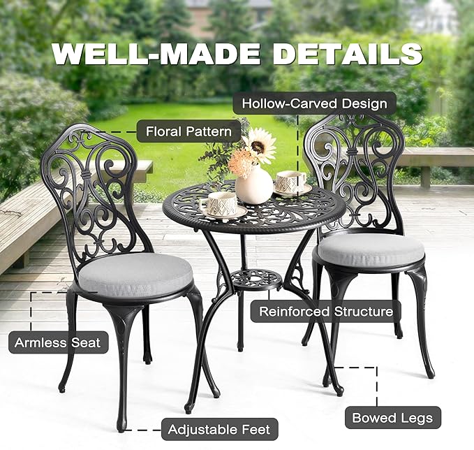 NUU GARDEN Patio 3-Piece Bistro Set with Olefin Cushions, Patio Chairs and Outdoor Round Table with Umbrella Hole, Cast Aluminum Patio Set for Lawn, Garden, Porch, Poolside, Black