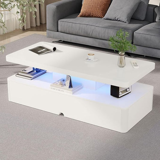 MXV Modern Coffee Table, 47 Inches Coffee Tables with 16 Colors LED Lights, 2 Tier Rectangular Center Table, Large Storage Space, High Glossy Wooden Tea Table for Living Room, Bedroom, Office, White