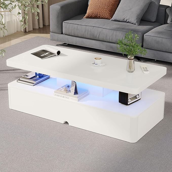 MXV Modern Coffee Table, 40 Inches Coffee Tables with 16 Colors LED Lights, 2 Tier Rectangular Center Table, Large Storage Space, High Glossy Wooden Tea Table for Living Room, Bedroom, Office, White
