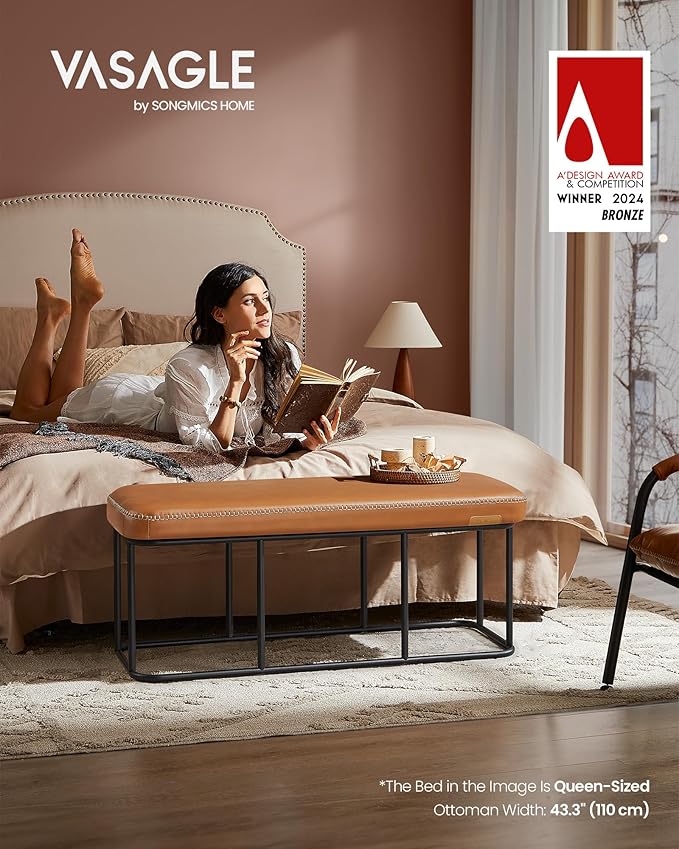 VASAGLE EKHO Collection - Storage Bench for Entryway, Ottoman Bench with Steel Frame, 43.3-Inch Wide, Synthetic Leather, Living Dining Room, Mid-Century Modern, Loads 660 lb, Caramel Brown ULOM085K01