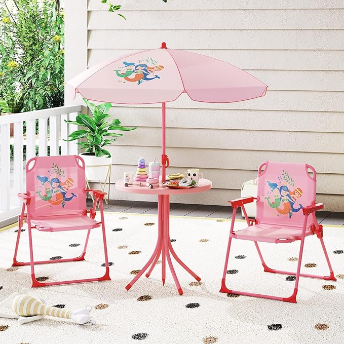 Costzon Kids Picnic Table, Kids Outdoor Table with 2 Folding Chairs, Height Adjustable Umbrella, Portable Children Outdoor Furniture for Patio, Garden, Backyard (Pink)