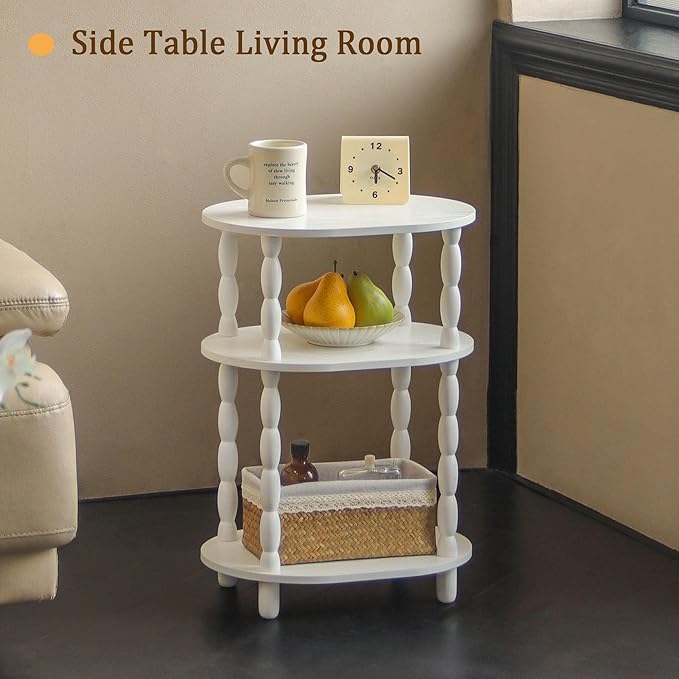 MaxSmeo White Side Table, 3-Tier Small Oval End Table, Modern Night Stand Wood Accent Table for Living Room, Bedroom, White