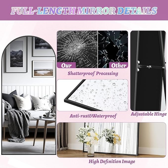 Full Length Mirror, 76"x44" Oversized Floor Mirror Freestanding, Full Body Mirror Floor Standing Mirrors with Stand, Hanging Mounted Mirrors for Bedroom Living Room, Black, Arched Style