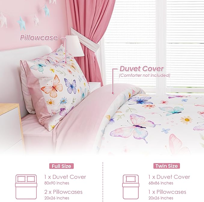 SANDJEST Butterfly Duvet Cover Sets Full Size for Kids Girls, Incude 1 Polyester Comforter Cover 80x90 Inches and 2 Pillowcases 20x26 Inches, Comforter Not Included, Gift for Christmas Birthday