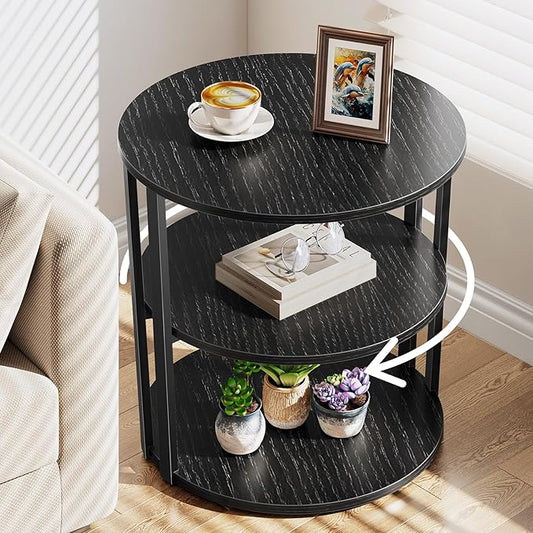 Rotating Round Side Table, 3-Tier End Table with Metal Frame, Nightstand for Small Spaces, Side Table Living Room Bedroom Sofa Bathroom, Pure Black