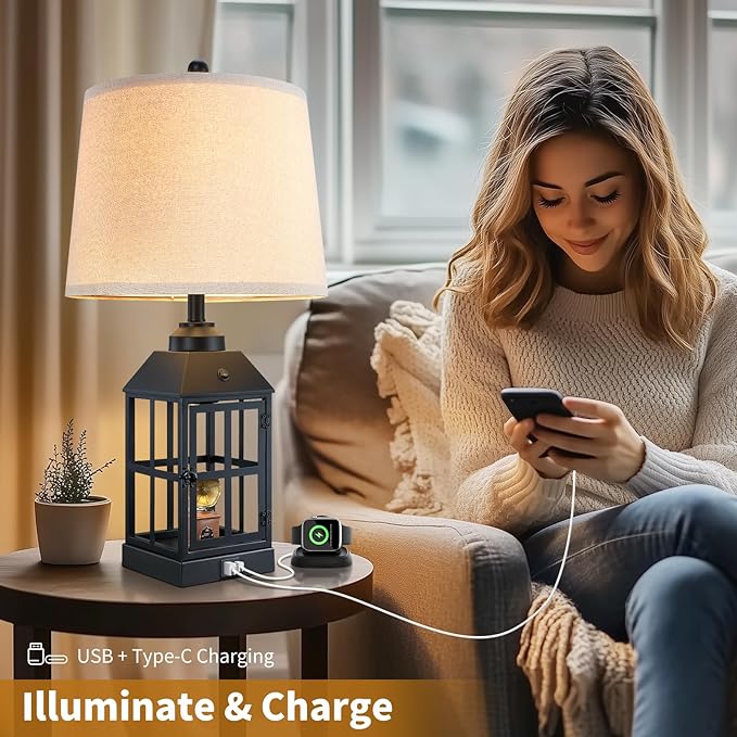 25" Farmhouse Table Lamps for Living Room, Black Lamps Set of 2 with USB Port and Nightlight, Rustic Table Lamp for Bedroom, Bedside Lamp for Nightstand, End Table, Home, Office, LED Bulbs Included