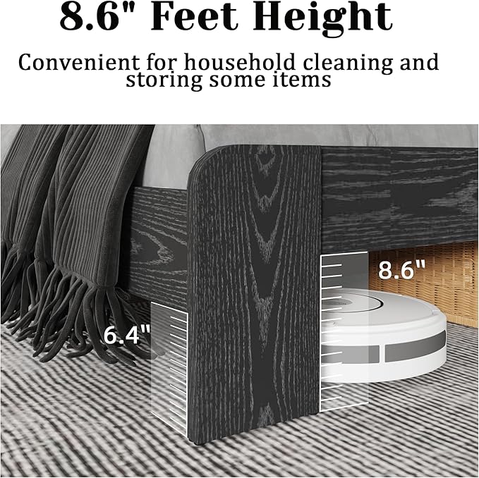 King Size Wooden Bed Frame with Headboard, Industrial Platform Bedframe with Wood Slat Support, Sturdy and No Noise, Easy Assembly (Black, King)