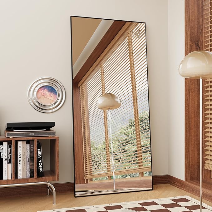 FANYUSHOW Full Length Mirror, Standing Hanging or Leaning Body Mirror, Simple Rectangle Design, Aluminum Alloy Thin Frame, Floor Mirror for Bedrooms, Bathrooms, Living Room 63"x19" (Black)