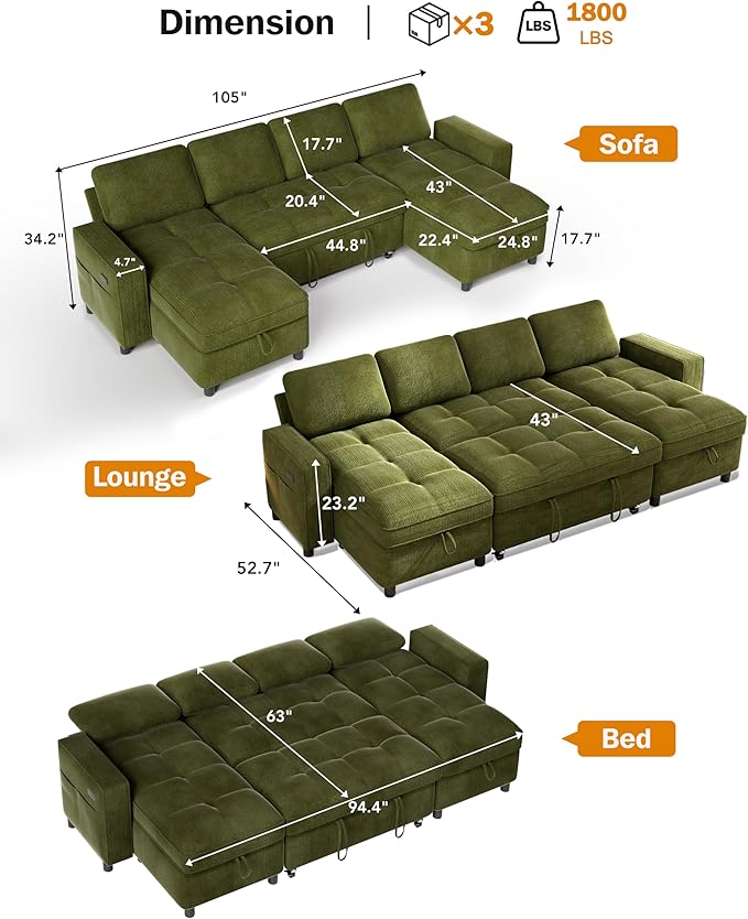 Vipbear Sleeper Sectional Sofa, 105" U Shaped Couch with Pull Out Bed, Convertible Chenille Cloud Sofa with Reclining Backrest | Double Storage Chaise | USB Ports | Tool-Free Assembly | Green