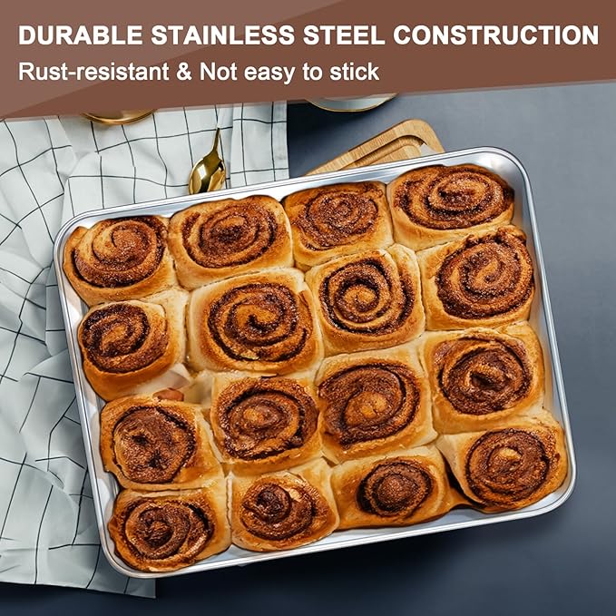 EWFEN 12 Inch Rectangular Cake Pan Set of 2, Stainless Steel Deep Baking Pan for Lasagna Brownies Casseroles, Metal Cookie Tray Fits in Toaster Oven, Rust-resistant, Dishwasher Safe