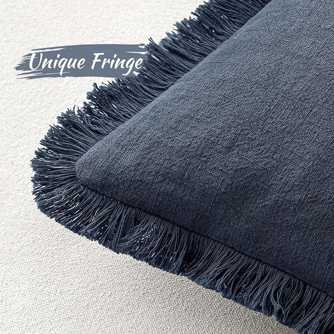 MIULEE Decorative Throw Pillow Covers Neutral Linen Fringe Throw Pillows Set of 2 Indigo Blue Boho Farmhouse Cushion Covers Coastal Decor for Couch Sofa Bed Living Room Spring Home Decor 20x20 Inch