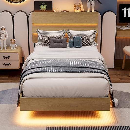 Twin Bed Frames with LED Light and Charging Station, Floating Wooden Bed Frame, Heavy Duty Metal Slats, No Box Spring Needed, Noise Free, Easy Assembly, Oak