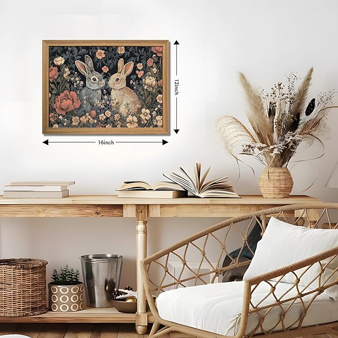 AKWISH Framed 3D Textured Vintage Wall Art - Dark Academia Easter Bunny Decor Hand Drawn Sandstone Paintings with Botanical Florals, Aesthetic Wall Decor for Living Room Bedroom Home 12x16 inch