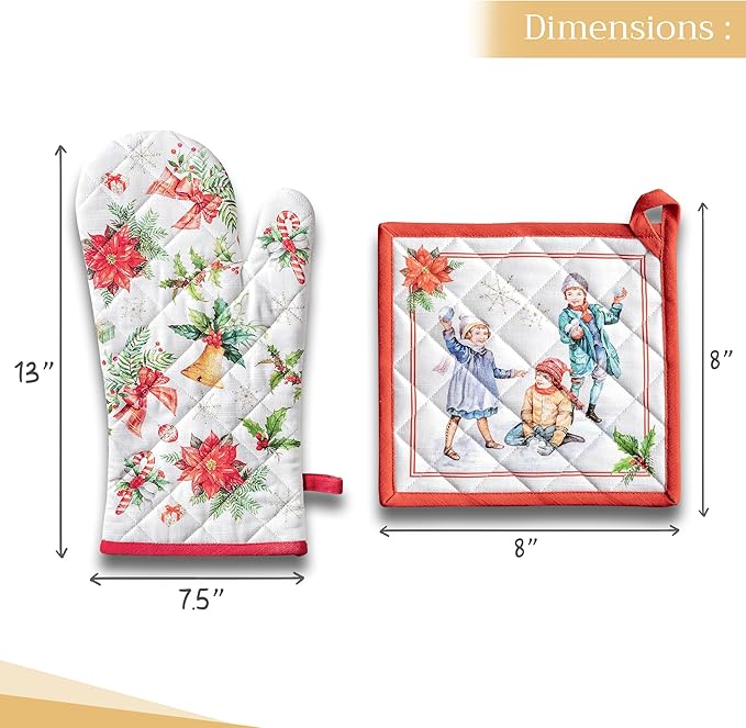 Maison d' Hermine 100% Cotton Oven Mitt & Pot Holder Set (7.5"x13" & 8"x8") Heat Resistant BBQ Cooking Gloves with Loop for Thanksgiving Christmas Decorations Handling Hot Pans (Chromo)