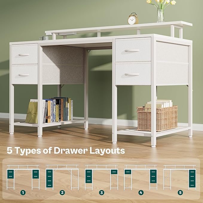 Huuger 55 inch Computer Desk with 4 Drawers, Gaming Desk with LED Lights & Power Outlets, Home Office Desk with Large Storage Space for Bedroom, Work from Home, White