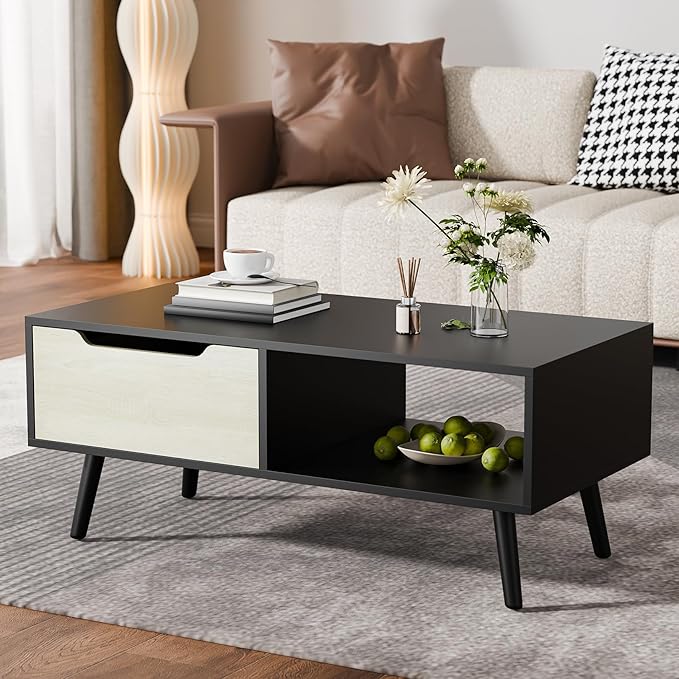 Cozy Castle Modern Coffee Table, Wooden Cocktail Table with Storage, Minimalist Hallway Table, Mid Century Modern Coffee Table for Living Room Apartment Reception, Black