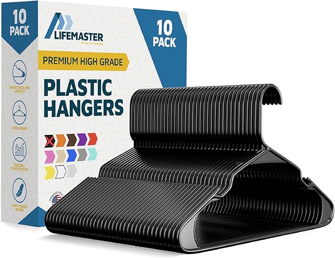 Plastic Clothes Hangers – Heavy Duty Hanger Set, for Organizing Clothes, Dresses, and Coat, Holds Up to 5 lbs, Space-Saving Hangers with Non-Slip Shoulder Grooves, Pack of 10, Black