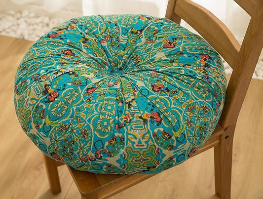 vctops Boho Cotton Linen Round Chair Seat Cushions for Dining Kitchen Office Chairs Patio Super Soft Printed Chair Pads Floor Pillow (Blue,22"x22")