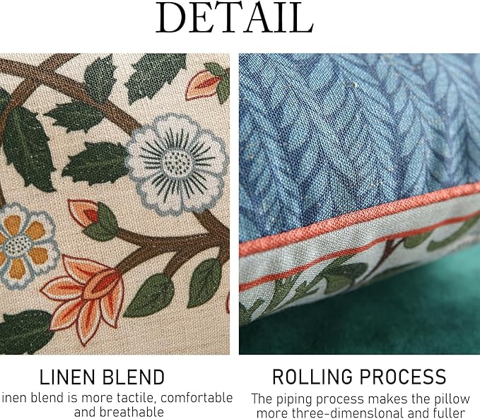 Design Lumbar Retro Elegant Linen Throw Pillow Covers 12"x20" Pack of 2, Blue Gray Floral Vine Pattern Cushion Covers Decor Rectangle Pillowcases for Bed,Living Room,Outdoor,Car