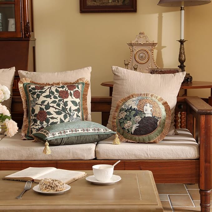 patdrea Designer Throw Pillow Covers Set of 2,French Elegant Green Linen with Curly Grass and Floral Pattern Pillow Covers,Decorative Lumbar Pillowcases Cushion for Bed Living Room Outdoor,12"x20"