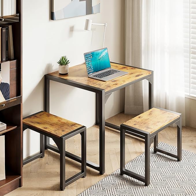 Gizoon Dining Table Set for 2, Kitchen Table Set for 2 with Steel Frame, Kitchen Table with 2 Benches for Small Space, Space Saving Design for Restaurant, Living Room, Retro