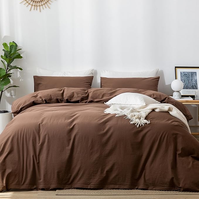 MooMee Bedding Duvet Cover Set 100% Washed Cotton Linen Like Textured Breathable Durable Soft Comfy (Solid Cocoa Brown, King 104"x90")